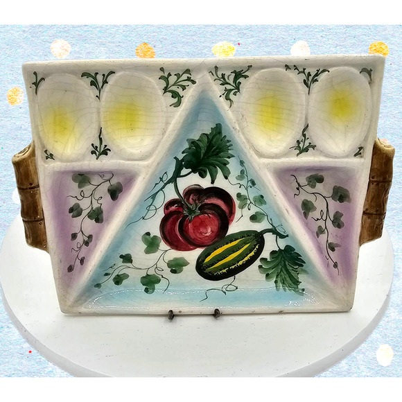 Vintage Hand Painted Italy Vegetable and Egg Crudites Dish D'Oeuvres Platter - Picture 1 of 7